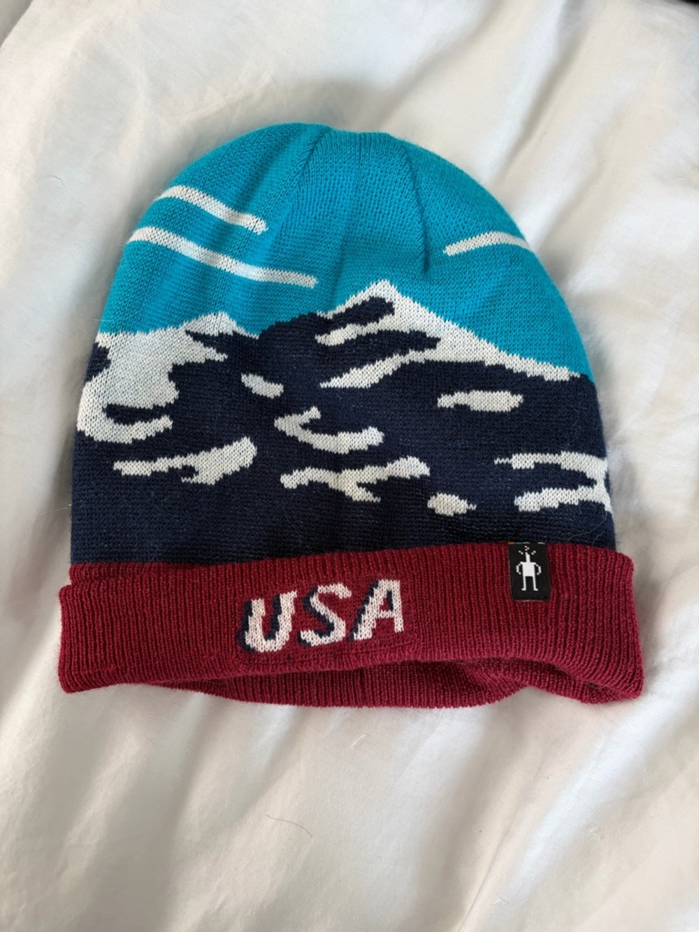 Smartwool USA Embroidered Unisex Beanie - Red & Blue Mountain Knit Hat